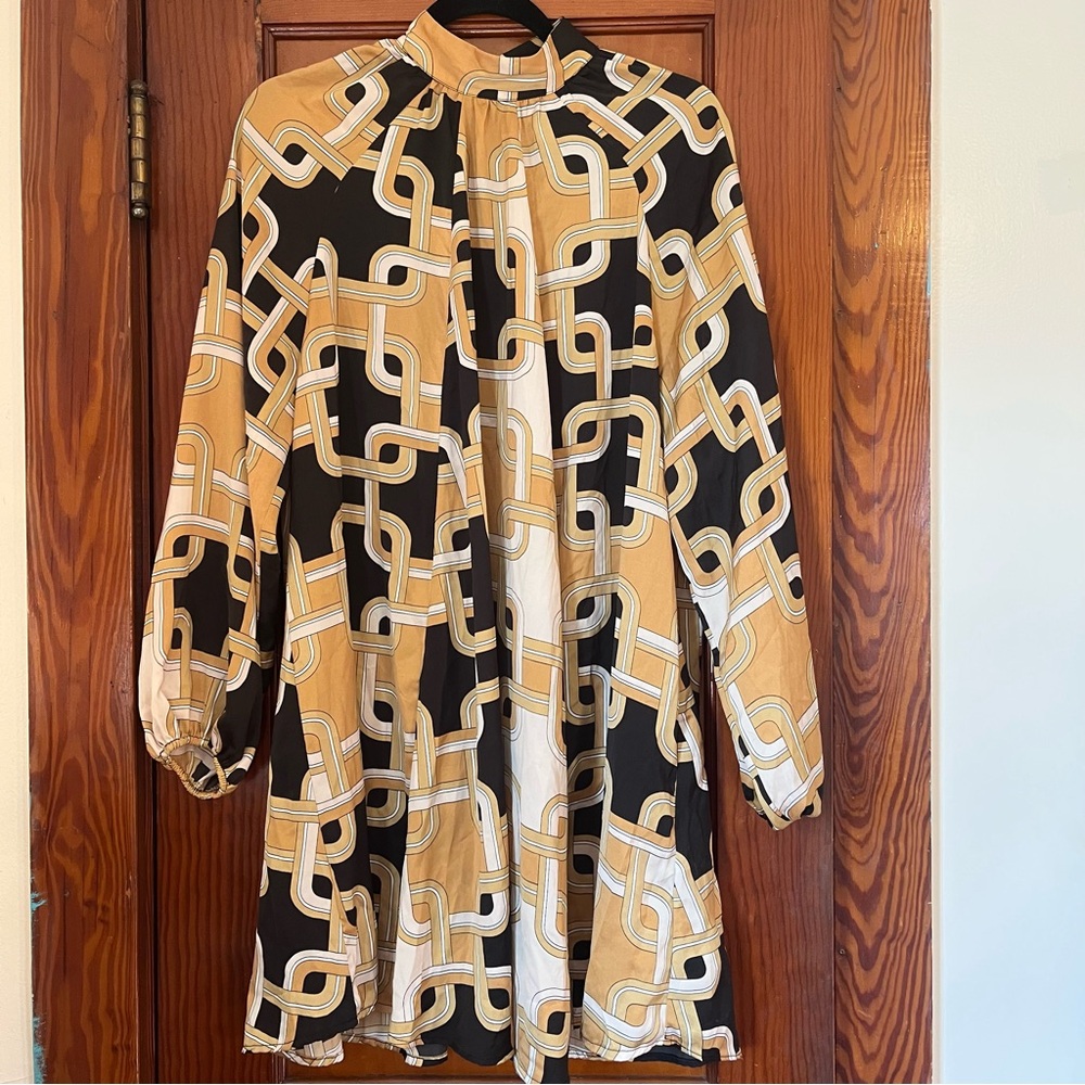 H&M Black gold and Cream Long Sleeve retro Dress